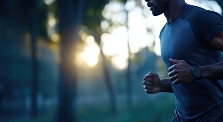 Man jogging through a forest during sunrise, enjoying nature and exercising for fitness and vitality in the early morning light. Runner with smart watch