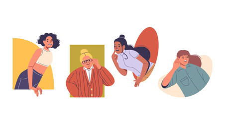 Diverse Characters Displaying Curiosity With Vibrant Colors And Modern Attire, Creating A Sense Of Intrigue