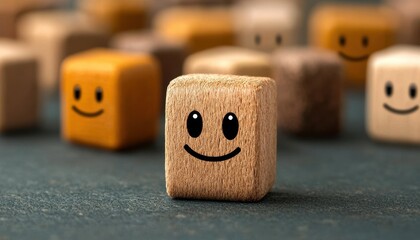 Wooden blocks with smiling faces on a dark background.