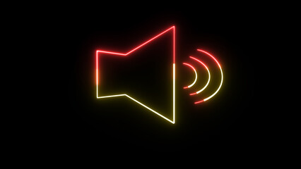 Glowing neon sound icon Volume with sound wave animated sign. Audio music speaker animation on black background.