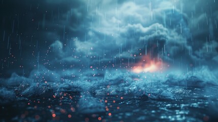 Fototapeta premium Rain falls heavily on a dark ocean at night, with glowing particles creating a mesmerizing scene. The cold, blue water ripples with sparkles, giving the surface a wet texture
