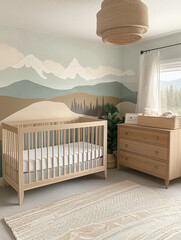 A Scandinavian-style nursery featuring an abstract mountain mural with pastel colors, minimalist design, and cozy decor elements, creating a serene and inviting space for children.