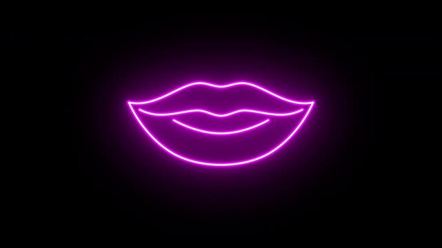 Neon female smile icon animation, slow blink. Glowing neon woman lips sign, looped slow flashing animation. Woman kiss, passion, sexy smile, beauty, love and pleasure. Purple, red, pink colors