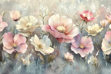 Beautiful watercolor flowers in soft pastel shades on a delicate background.