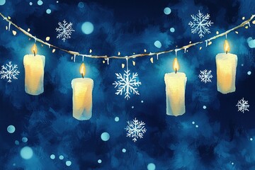 Festive candles with snowflakes on a vibrant blue background.