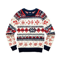 Festive knit sweater featuring a vibrant snowflake and geometric pattern, perfect for winter celebrations. Ideal for cozy holiday settings.