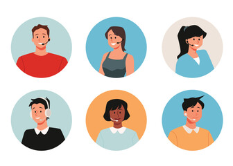 Fototapeta premium Vector set of call center avatars depicting male and female agents with headphones and microphones