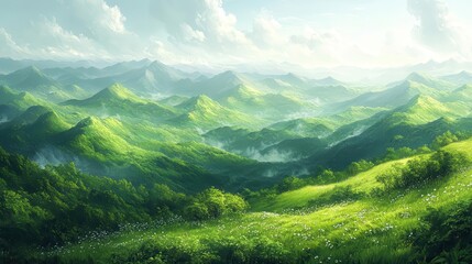 Fototapeta premium painting of verdant green hills under a bright sky emphasizing the beauty of nature with soft brush strokes and an impressionistic style
