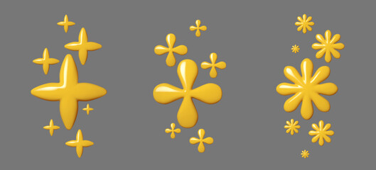 Set Yellows shiny flowers on grey background. 3D rendering, bright abstract floral shapes, minimalist design. Vector Illustration for graphic design, templates, and decor