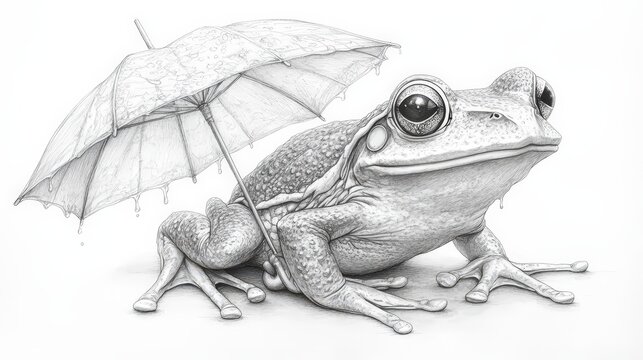 illustration of a frog with an umbrella, drawn in pencil