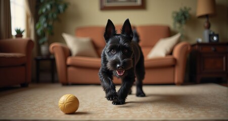 Playful black dog chasing a ball indoors