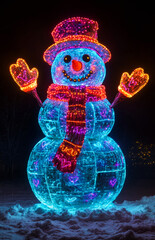 Fototapeta premium A snowman with a scarf and hat is lit up in neon colors. The snowman is smiling and he is happy. The bright colors and cheerful expression give the image a festive and joyful mood