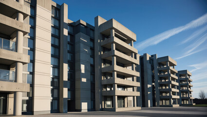 Modern Concrete Apartment Buildings Under Clear Blue Sky, Showcasing Brutalist Architecture