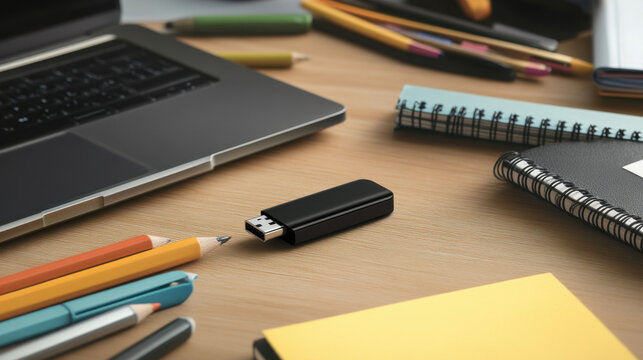 USB drive is plugged into laptop on wooden desk surrounded by colorful stationery, including pencils, notebooks, and sticky notes, creating vibrant workspace - Powered by Adobe