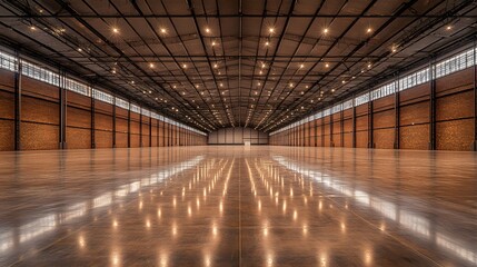 Naklejka premium Expansive empty warehouse interior with polished concrete floors and high ceilings, soft natural lighting