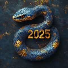 Obraz premium Snake coiled around '2025' with gold and blue design