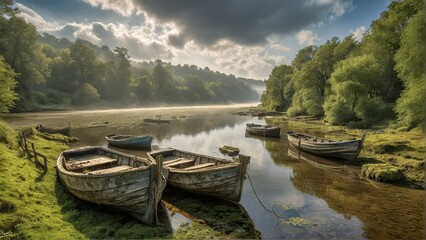 A serene river scene features several wooden boats docked on the riverbank, surrounded by lush greenery and a misty atmosphere.