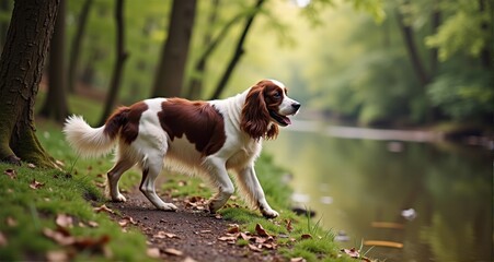 Playful dog walking by a serene river