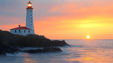 Lighthouse on Rocky Coast at Sunset -  Photo