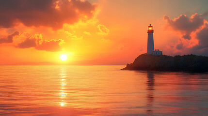Lighthouse Sunset Seascape -  Realistic Image