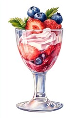 watercolor painting of berry dessert in glass goblet