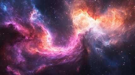 A vibrant nebula with swirling clouds of gas and dust in shades of pink, blue, orange, and white against a backdrop of twinkling stars.