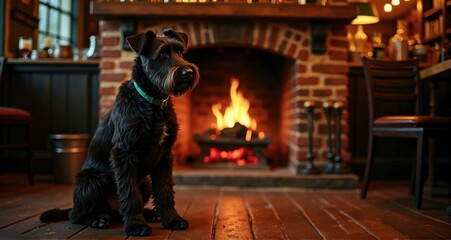 A charming black dog by the fireplace