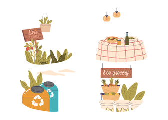 Illustration Depicting An Eco-Friendly Lifestyle With Organic Food And Sustainable Products Including Recycle Bins