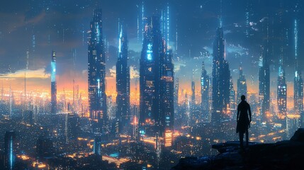 Fototapeta premium A lone silhouette overlooks a sprawling city with towering futuristic buildings, casting a striking picture of modernity and human introspection at twilight.