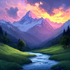Fototapeta premium A serene mountain landscape at sunset with a flowing river and lush greenery.