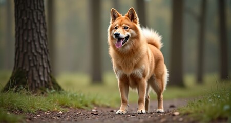 Happy dog standing in a forest