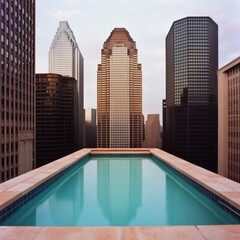 Rooftop infinity pool overlooking urban skyline at sunset.