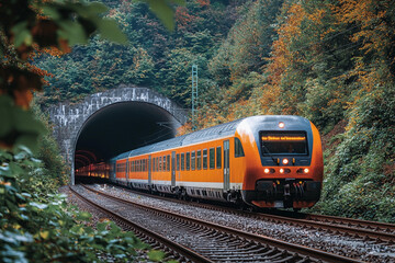 Fototapeta premium Bright orange train entering a forest tunnel during autumn afternoon