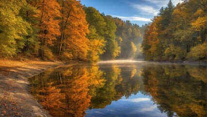 A serene autumn landscape features a calm river reflecting the vibrant colors of the surrounding trees, with a clear blue sky overhead.