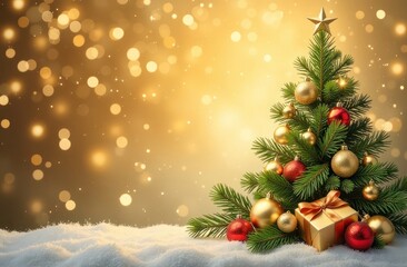 Sparkling Christmas tree with festive ornaments and wrapped gift box