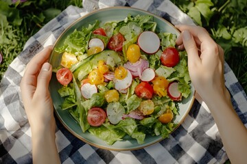 Fresh Salad in Hands on a Picnic Cloth