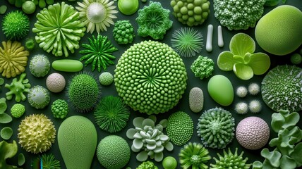 Diversity of green bacteria and microbes under a microscope, showcasing their role as essential biological resources