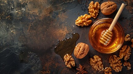 Natural Beauty: Striking Contrast of Honey and Walnuts on Textured Background"