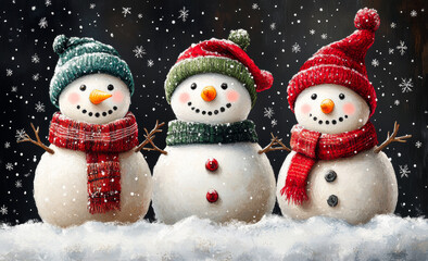 Fototapeta premium Three snowmen with red hats and scarves are standing in the snow. The snowmen are smiling and appear to be happy