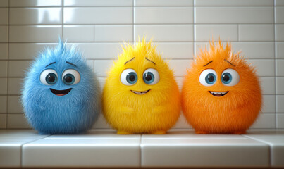 Three fuzzy, cartoonish creatures with big eyes and big smiles are sitting on a counter. The blue one is smiling, the yellow one is smiling, and the orange one is smiling. The scene is lighthearted
