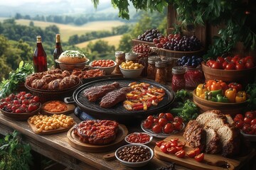Fototapeta premium patriotic 4th of july bbq scene depicting sizzling food on the grill vibrant decorations and friends enjoying a festive atmosphere of summer celebration