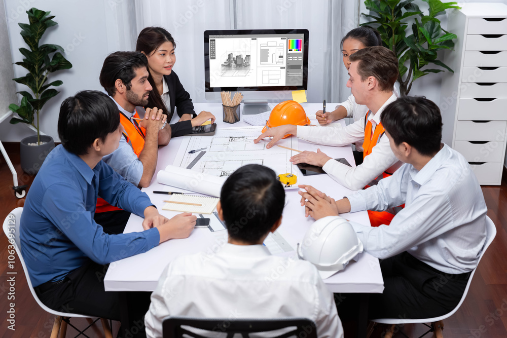Poster diverse group of civil engineer and client working together on architectural project, reviewing cons