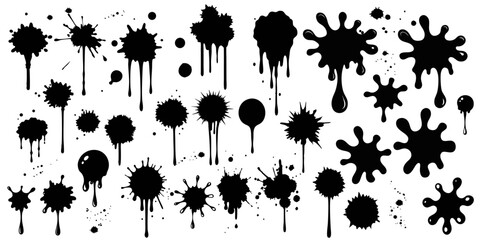 Fototapeta premium set of black grunge spots, blots, and splashes of paint on a white background,