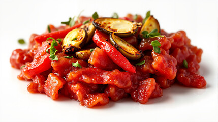 Lyutenitsa with peppers and zucchini on a white plate, traditional Bulgarian dish concept