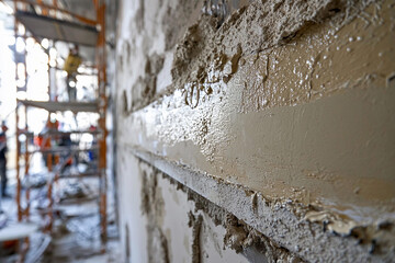 Construction site with wet plaster applied to wall in progress