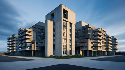 Massive Brutalist Apartment Building Set Against Dramatic Urban Dusk Sky