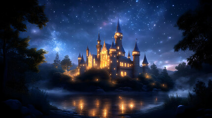Fototapeta premium Fantasy Castle Illustration with Starry Night Sky