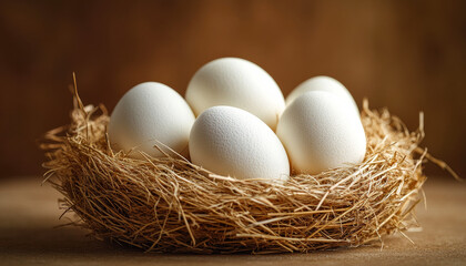 A nest of eggs sits on a wooden surface. The eggs are white and appear to be fresh. The nest is made of straw and is arranged in a circular pattern