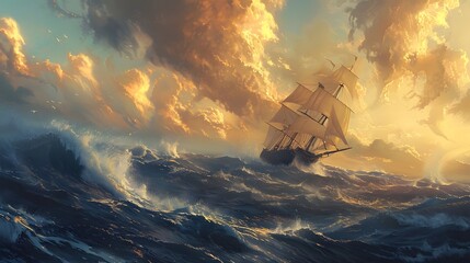 Stormy Seas and Powerful Sailing Ship Navigating Turbulent Ocean Waves