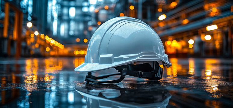 A white hard hat is sitting on a wet surface. The hat is tilted to the side and he is wet. Concept of caution and safety